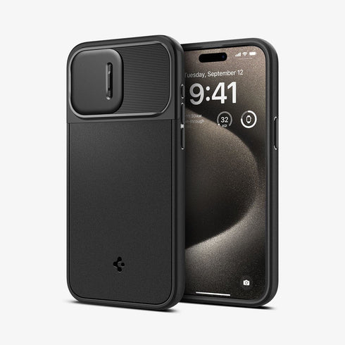 ACS06599 - iPhone 15 Pro Max Case Optik Armor (MagFit) in black showing the back with lens slot open